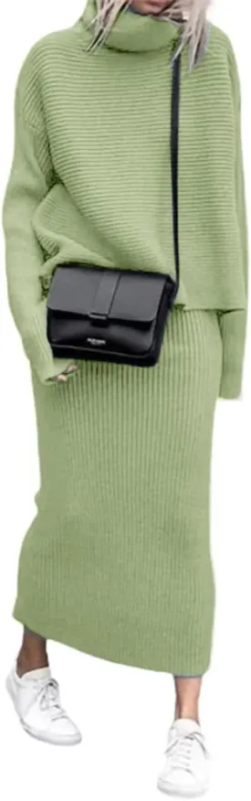 chouyatou Women's Turtleneck 2 Piece Outfits Ribbed Knit Sweater Midi Pencil Skirt Set