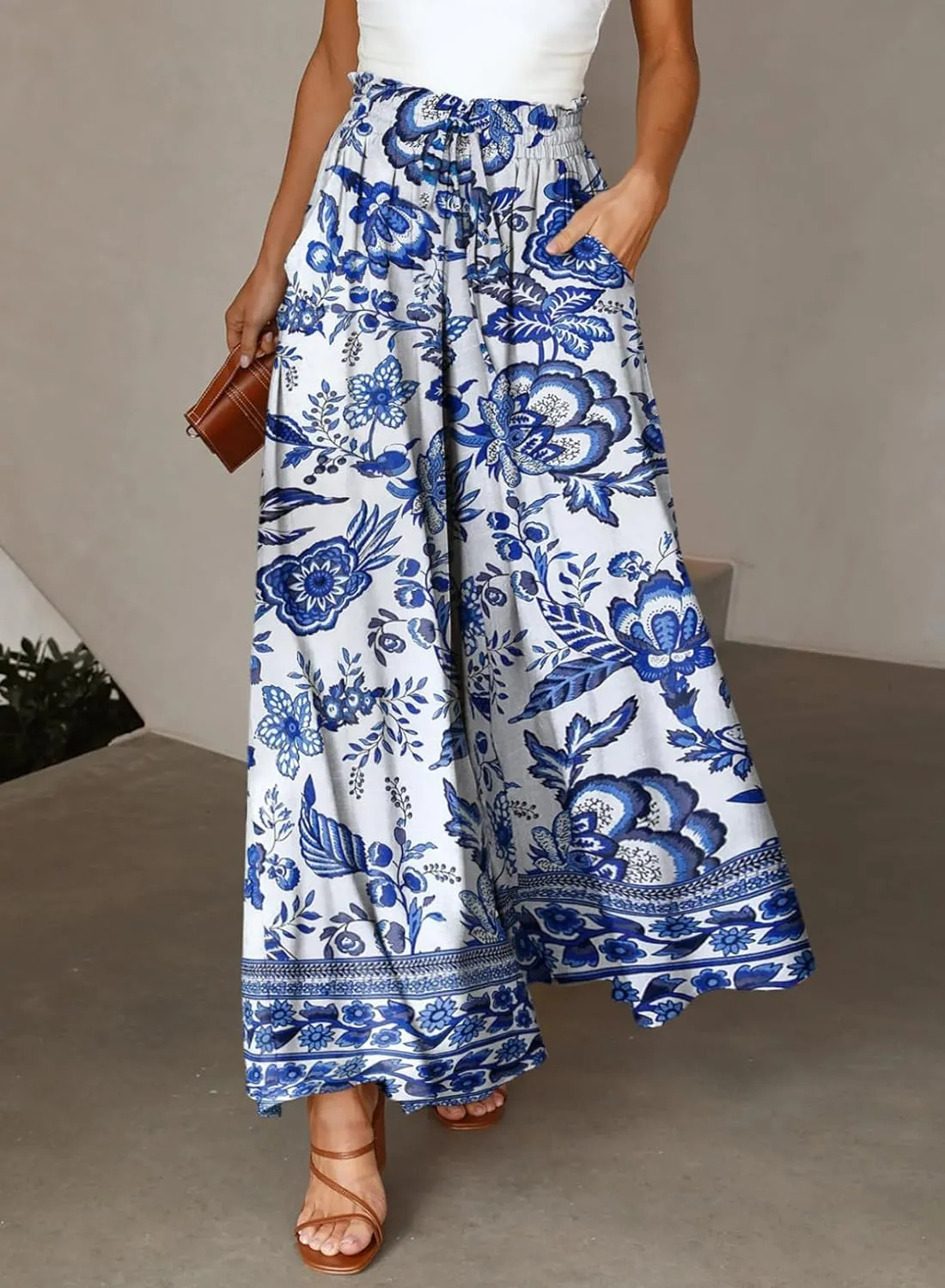 Dokotoo Pants for Women Casual Elastic Waist Wide Leg Pants with Pockets