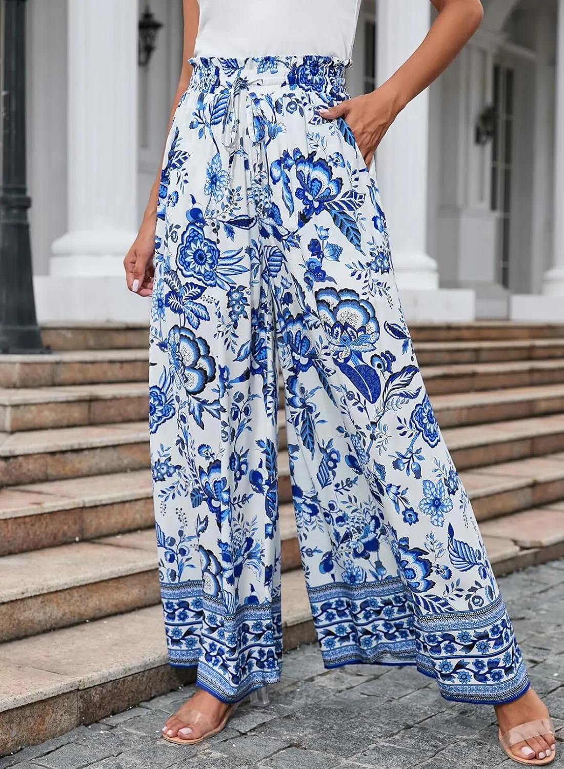 Dokotoo Pants for Women Casual Elastic Waist Wide Leg Pants with Pockets