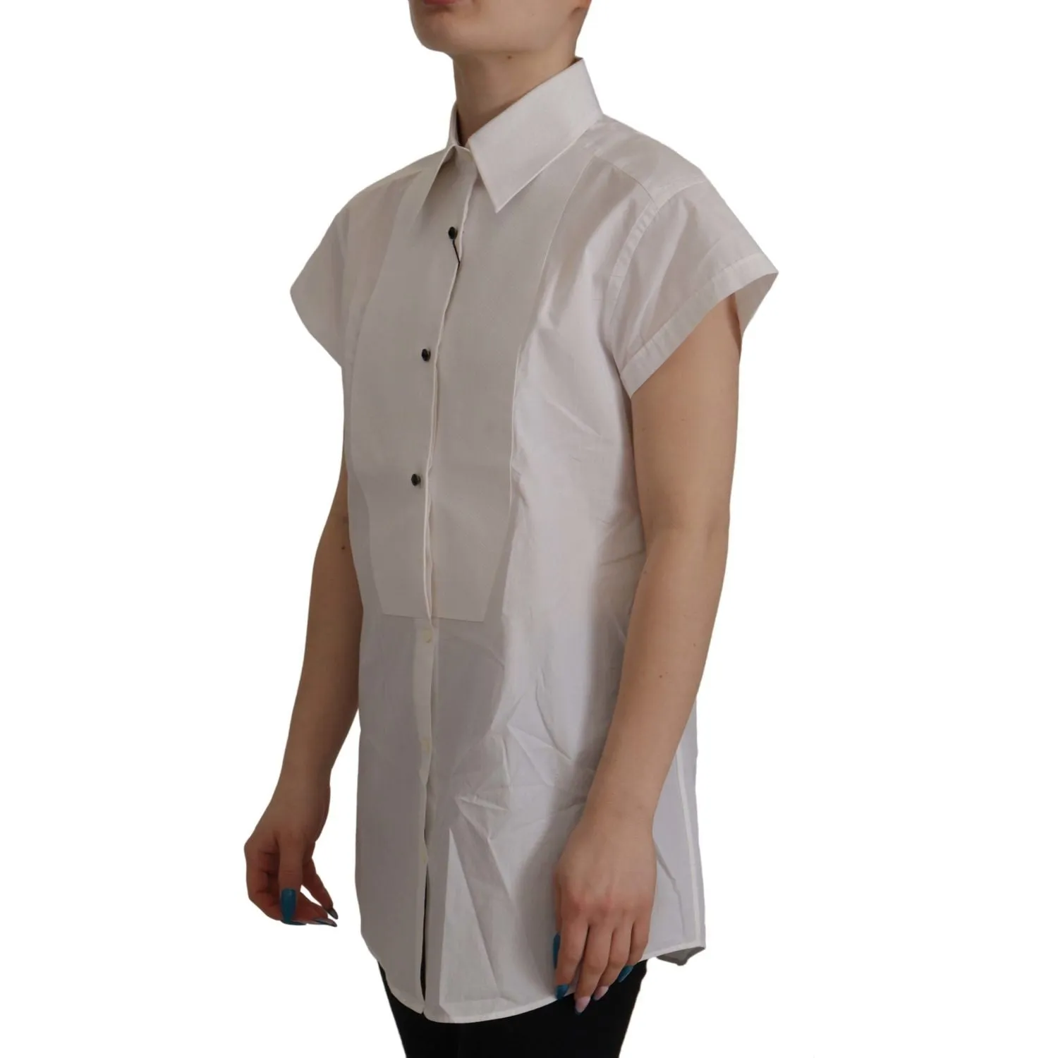 Dolce & Gabbana Elegant Sleeveless Tuxedo Blouse with Crystal Buttons