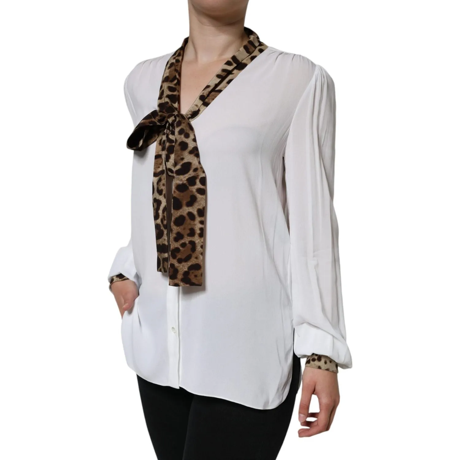 Dolce & Gabbana White Ascot Collar Long Sleeve Top Blouse