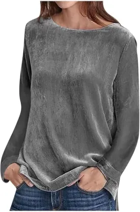 Fronage Women's Boat Neck Velvet Tops Casual Long Sleeve Crewneck Velour Blouse Shirt Gray