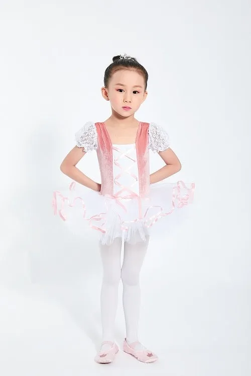 Girls  Ballet Tutu Dress Velvet Body Ribbon Mesh Skirt Dance Gymnastics Leotard Costume