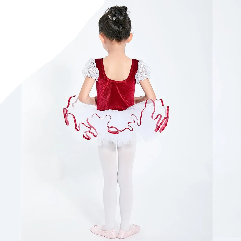 Girls  Ballet Tutu Dress Velvet Body Ribbon Mesh Skirt Dance Gymnastics Leotard Costume