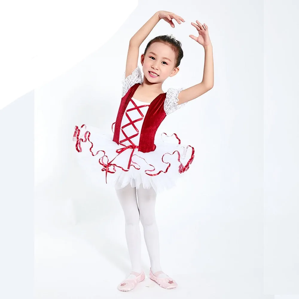 Girls  Ballet Tutu Dress Velvet Body Ribbon Mesh Skirt Dance Gymnastics Leotard Costume