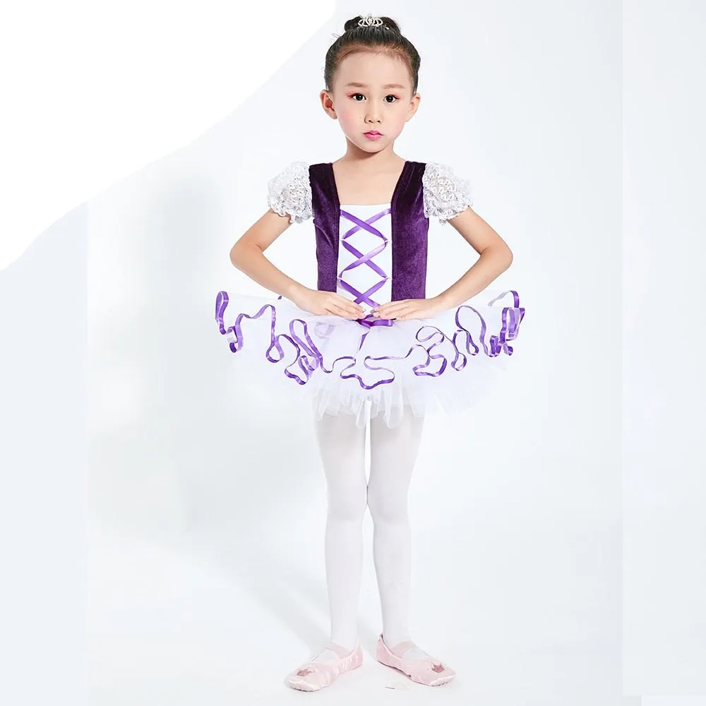 Girls  Ballet Tutu Dress Velvet Body Ribbon Mesh Skirt Dance Gymnastics Leotard Costume