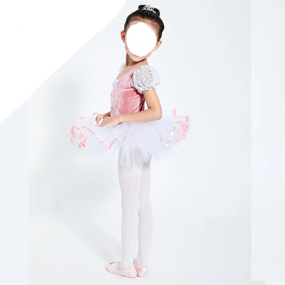 Girls  Ballet Tutu Dress Velvet Body Ribbon Mesh Skirt Dance Gymnastics Leotard Costume