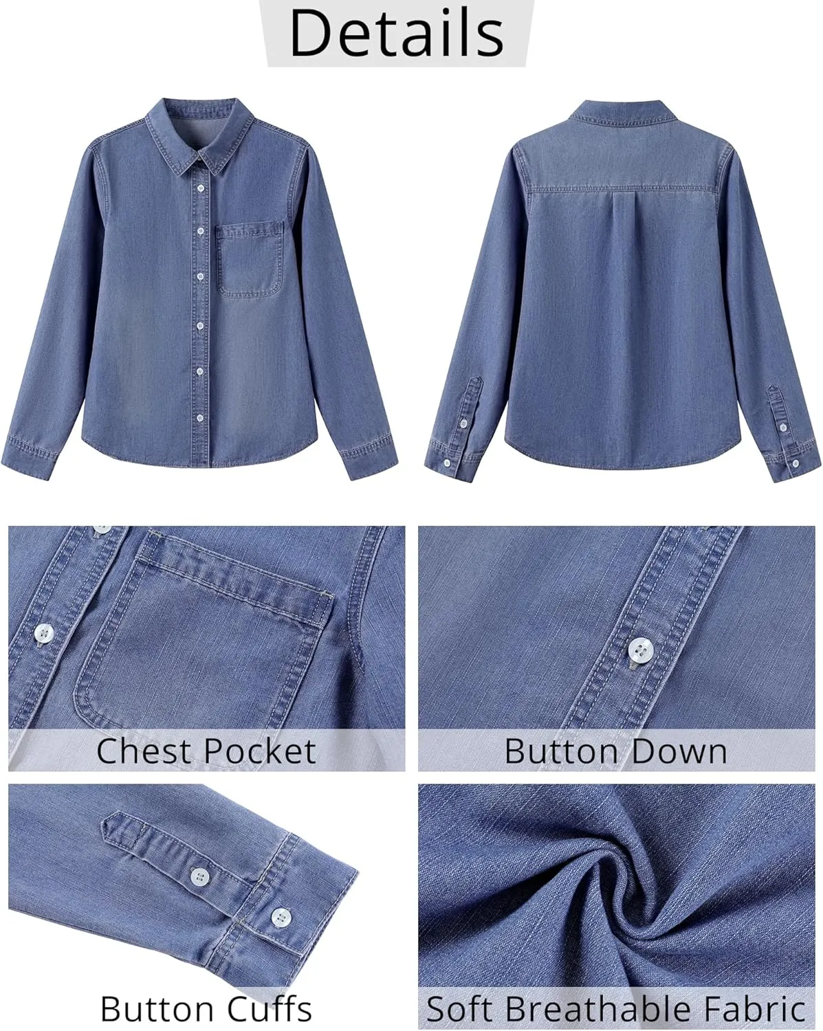 GRAPENT Denim Button Down Shirts for Women Long Sleeve Lightweight Western Relaxed Single Pocket Jean Shirt Shacket Top