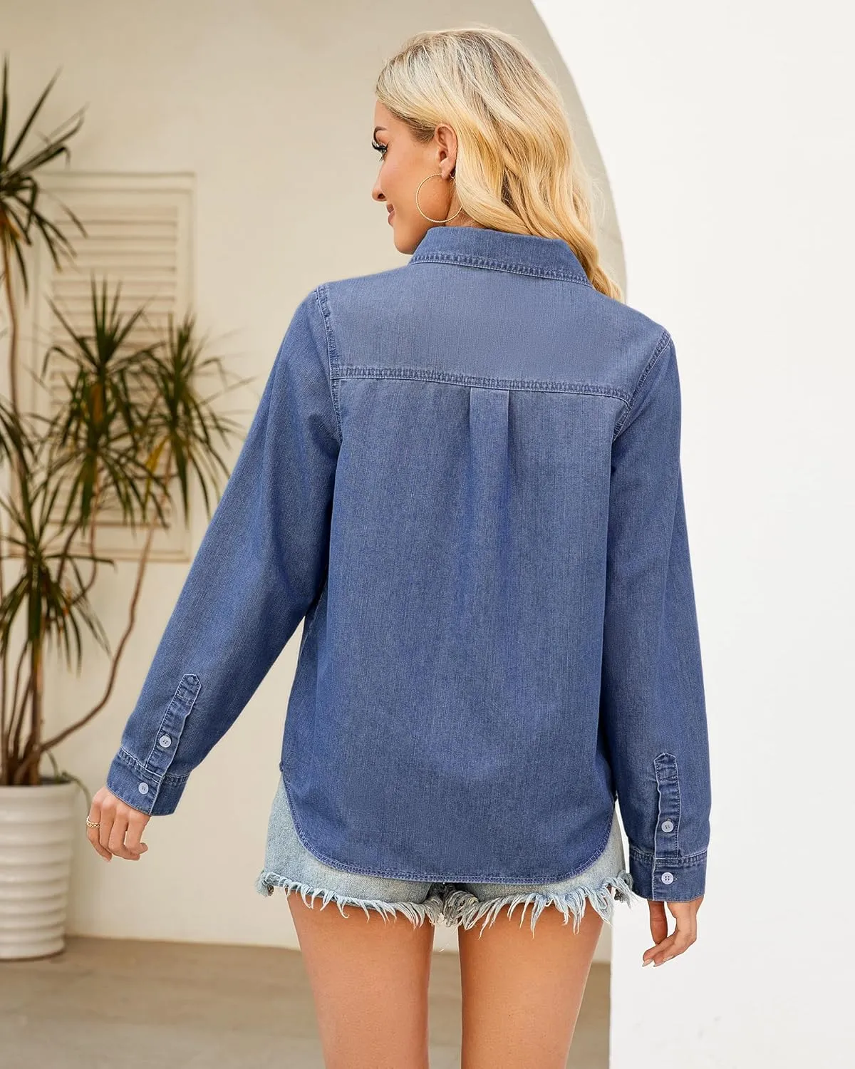 GRAPENT Denim Button Down Shirts for Women Long Sleeve Lightweight Western Relaxed Single Pocket Jean Shirt Shacket Top