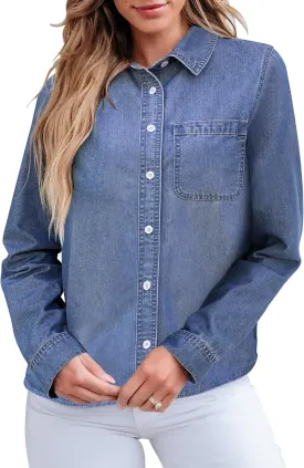 GRAPENT Denim Button Down Shirts for Women Long Sleeve Lightweight Western Relaxed Single Pocket Jean Shirt Shacket Top