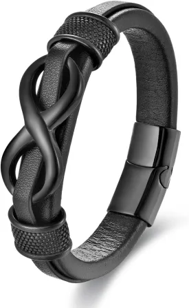 Infinity Bracelet for Man,Stainless Steel Silver/Black Infinity Leather Men's Leather Bracelet Wristband Cuff Bracelet 21 cm / 8.26 inches