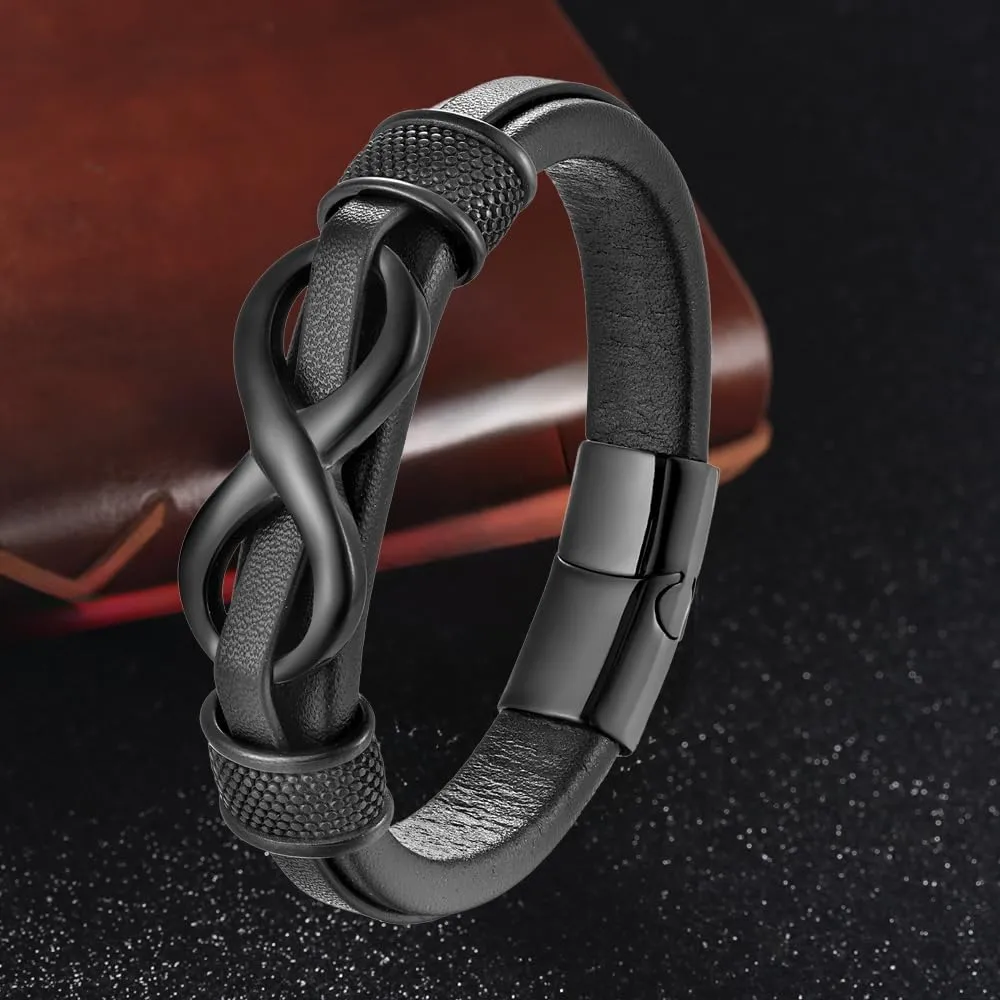 Infinity Bracelet for Man,Stainless Steel Silver/Black Infinity Leather Men's Leather Bracelet Wristband Cuff Bracelet 21 cm / 8.26 inches