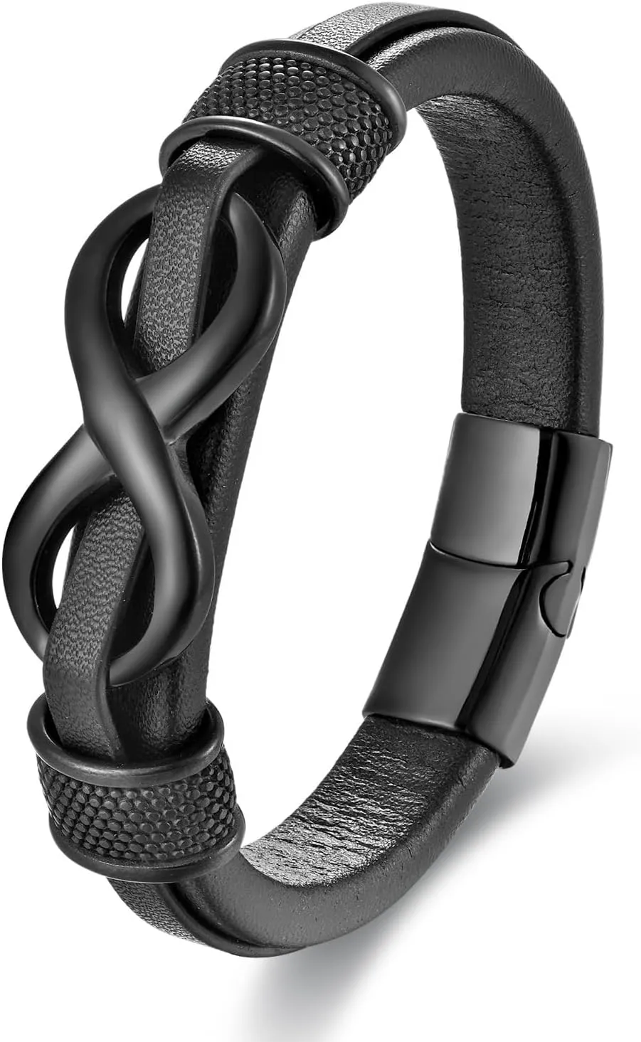 Infinity Bracelet for Man,Stainless Steel Silver/Black Infinity Leather Men's Leather Bracelet Wristband Cuff Bracelet 21 cm / 8.26 inches