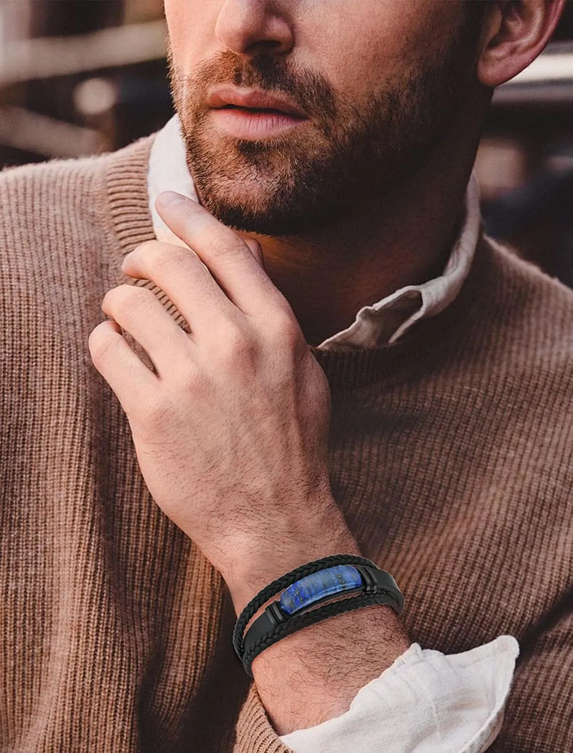 Lapis Lazuli Bracelets for Men Leather Black Bracelet