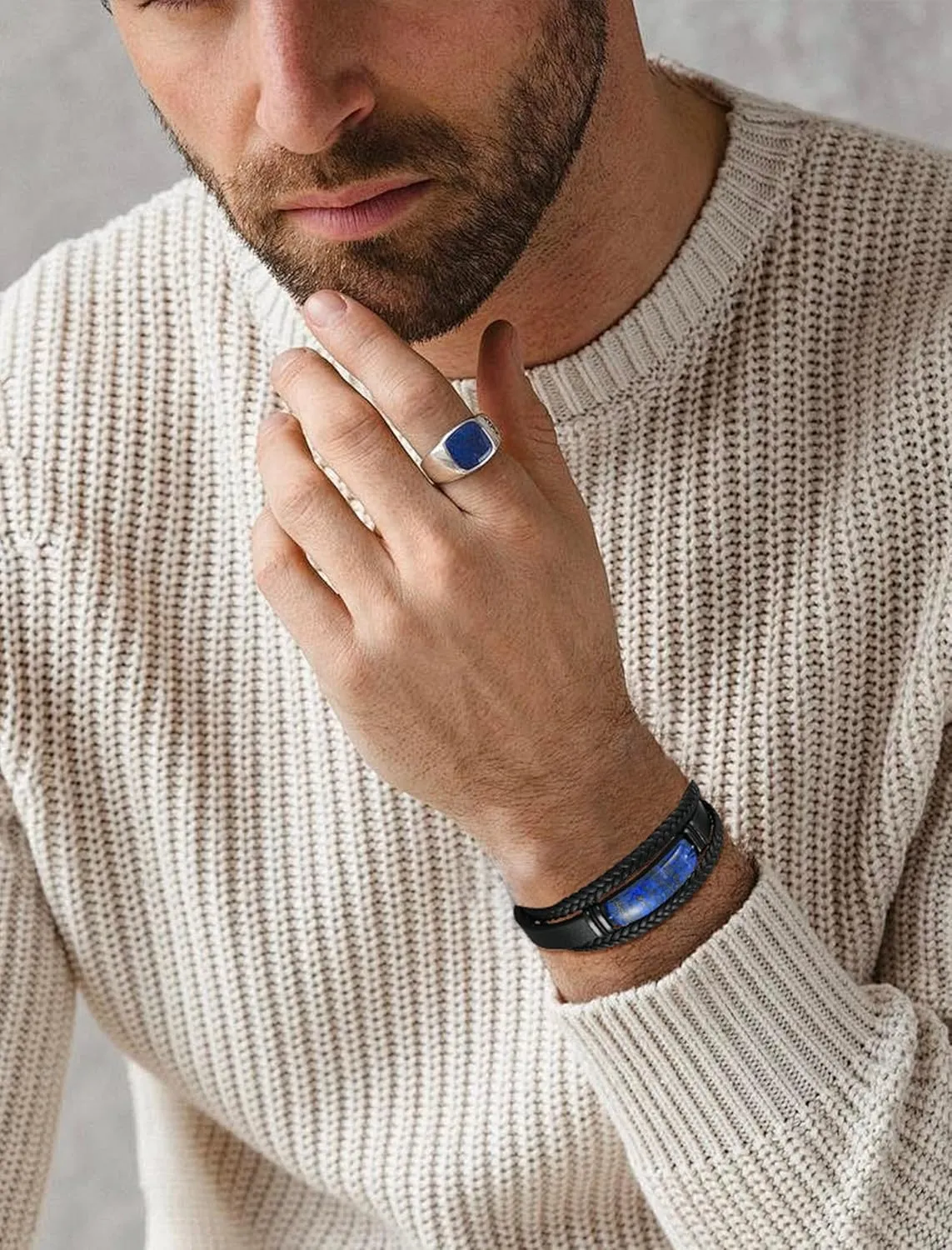Lapis Lazuli Bracelets for Men Leather Black Bracelet