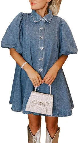 LifeShe Women's Blue Denim Babydoll Mini Dress with Puff Sleeves, Lapel Collar & Diamond Bow Decor - XS/S