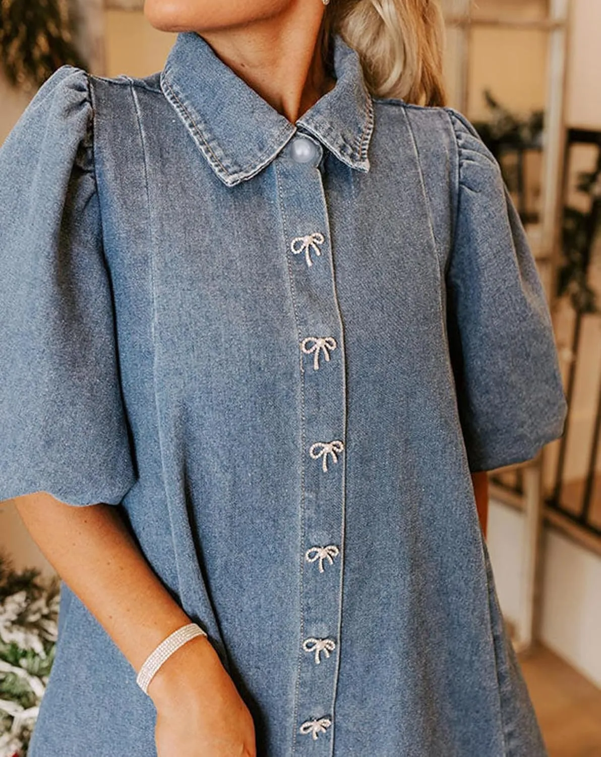 LifeShe Women's Blue Denim Babydoll Mini Dress with Puff Sleeves, Lapel Collar & Diamond Bow Decor - XS/S