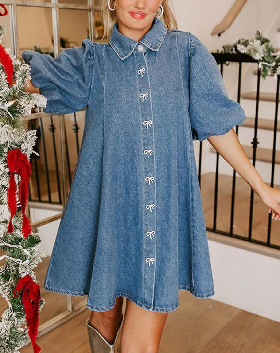 LifeShe Women's Blue Denim Babydoll Mini Dress with Puff Sleeves, Lapel Collar & Diamond Bow Decor - XS/S
