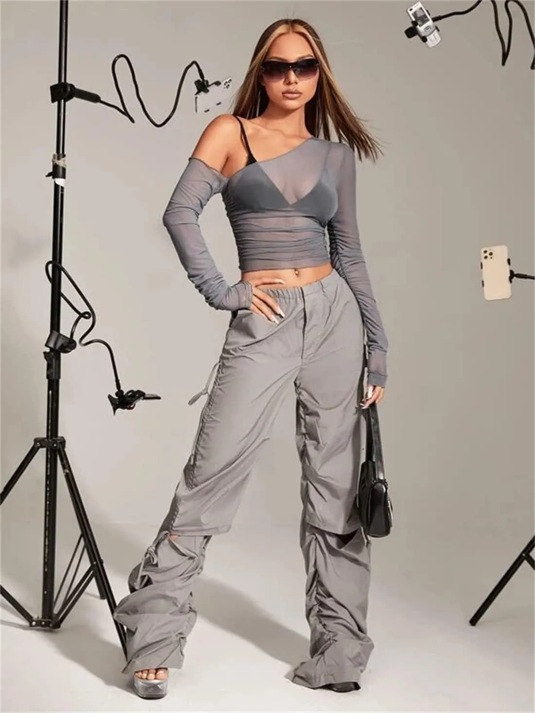 LOFAAC Women Sexy Mesh Sheer See Through Long Sleeve Crop Tops Slim Fit Ruched Off Shoulder Crop Blouse Tee Top Clubwear