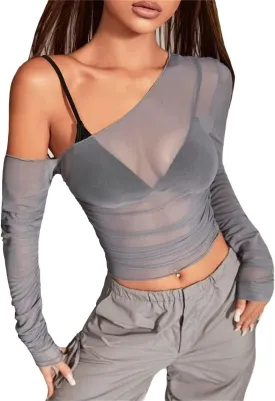LOFAAC Women Sexy Mesh Sheer See Through Long Sleeve Crop Tops Slim Fit Ruched Off Shoulder Crop Blouse Tee Top Clubwear