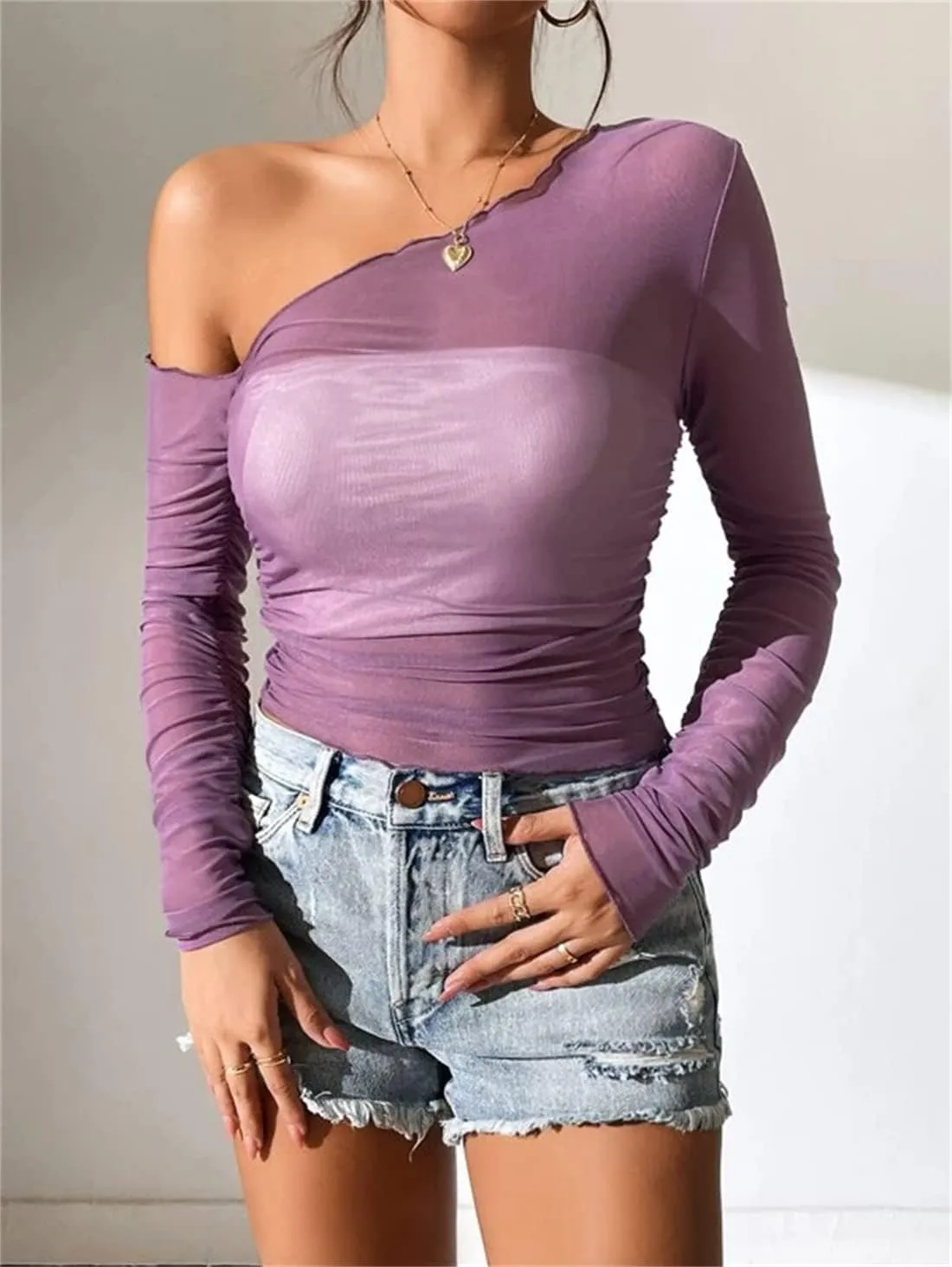 LOFAAC Women Sexy Mesh Sheer See Through Long Sleeve Crop Tops Slim Fit Ruched Off Shoulder Crop Blouse Tee Top Clubwear