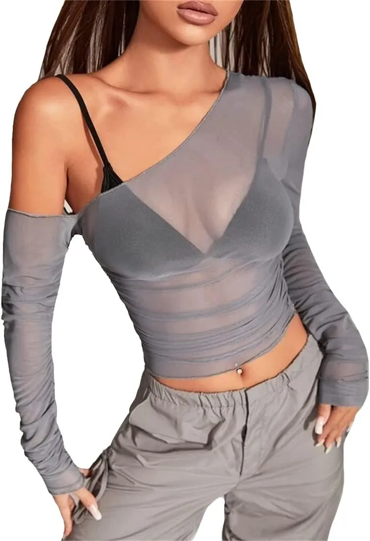 LOFAAC Women Sexy Mesh Sheer See Through Long Sleeve Crop Tops Slim Fit Ruched Off Shoulder Crop Blouse Tee Top Clubwear