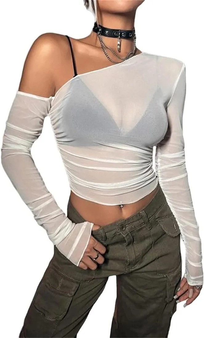 LOFAAC Women Sexy Mesh Sheer See Through Long Sleeve Crop Tops Slim Fit Ruched Off Shoulder Crop Blouse Tee Top Clubwear