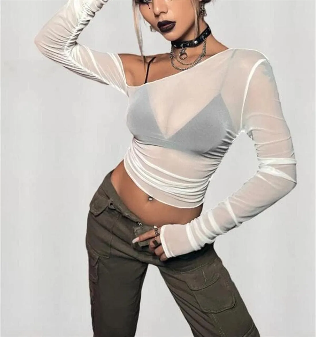 LOFAAC Women Sexy Mesh Sheer See Through Long Sleeve Crop Tops Slim Fit Ruched Off Shoulder Crop Blouse Tee Top Clubwear
