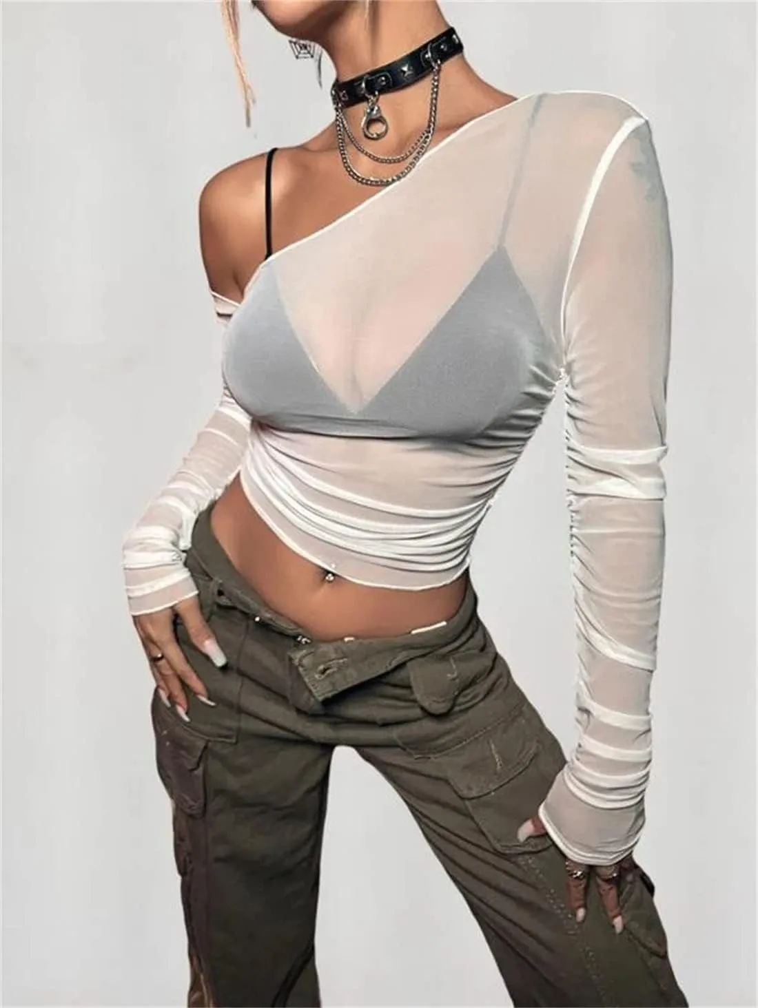LOFAAC Women Sexy Mesh Sheer See Through Long Sleeve Crop Tops Slim Fit Ruched Off Shoulder Crop Blouse Tee Top Clubwear