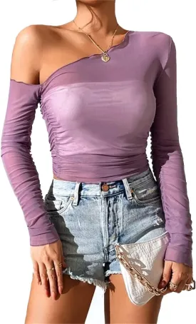 LOFAAC Women Sexy Mesh Sheer See Through Long Sleeve Crop Tops Slim Fit Ruched Off Shoulder Crop Blouse Tee Top Clubwear
