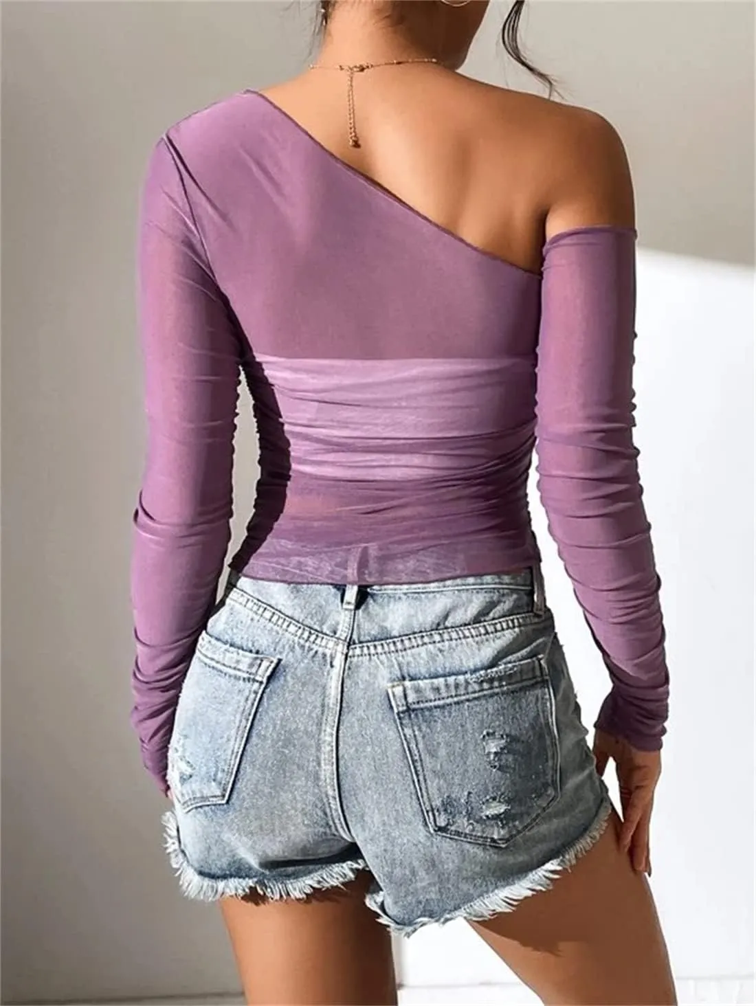 LOFAAC Women Sexy Mesh Sheer See Through Long Sleeve Crop Tops Slim Fit Ruched Off Shoulder Crop Blouse Tee Top Clubwear