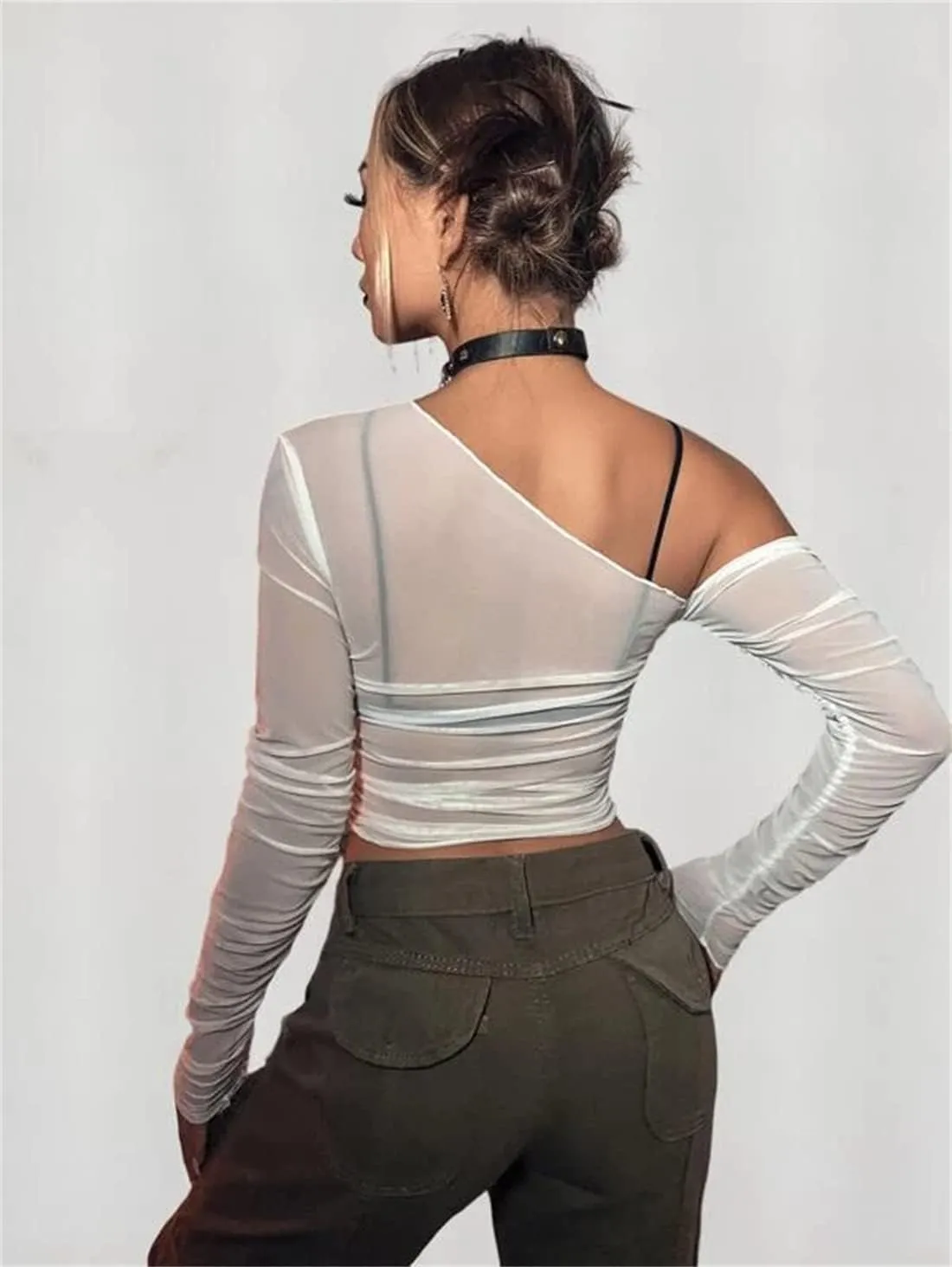 LOFAAC Women Sexy Mesh Sheer See Through Long Sleeve Crop Tops Slim Fit Ruched Off Shoulder Crop Blouse Tee Top Clubwear