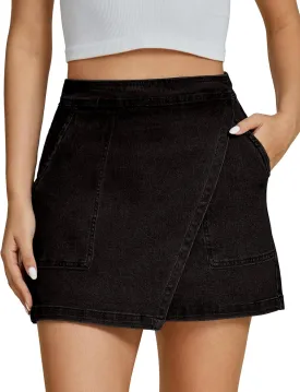 luvamia Jean Skirts for Women Denim Mini Trendy High Waisted Stretchy Asymmetrical Faux Wrap Short Skirt with Pockets