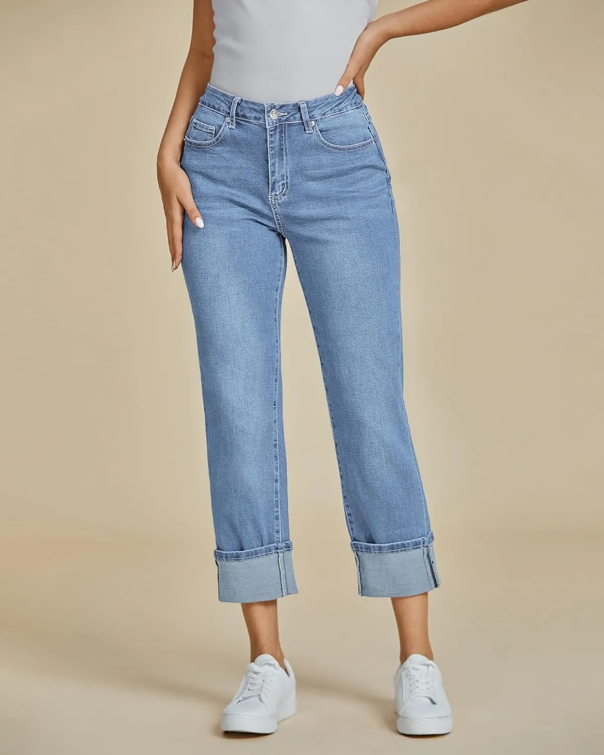 luvamia Straight Leg Jeans for Women Trendy Cropped High Waisted Cuffed Hem Stretchy Boyfriend Capri Jeans with Pockets