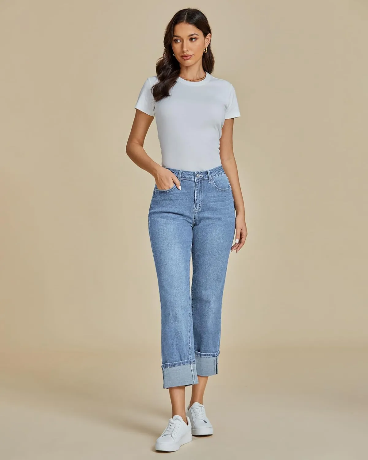 luvamia Straight Leg Jeans for Women Trendy Cropped High Waisted Cuffed Hem Stretchy Boyfriend Capri Jeans with Pockets