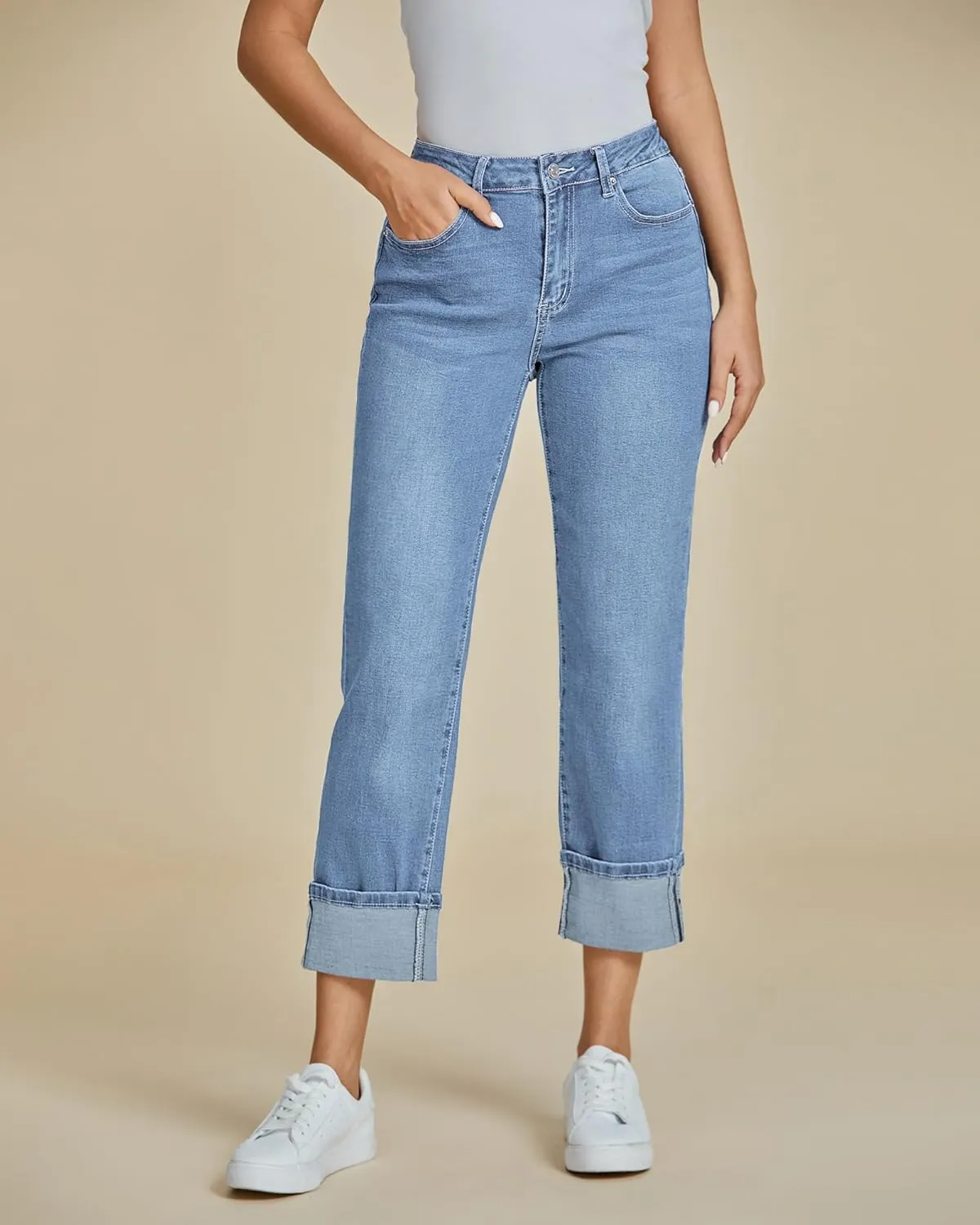 luvamia Straight Leg Jeans for Women Trendy Cropped High Waisted Cuffed Hem Stretchy Boyfriend Capri Jeans with Pockets