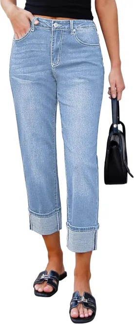 luvamia Straight Leg Jeans for Women Trendy Cropped High Waisted Cuffed Hem Stretchy Boyfriend Capri Jeans with Pockets