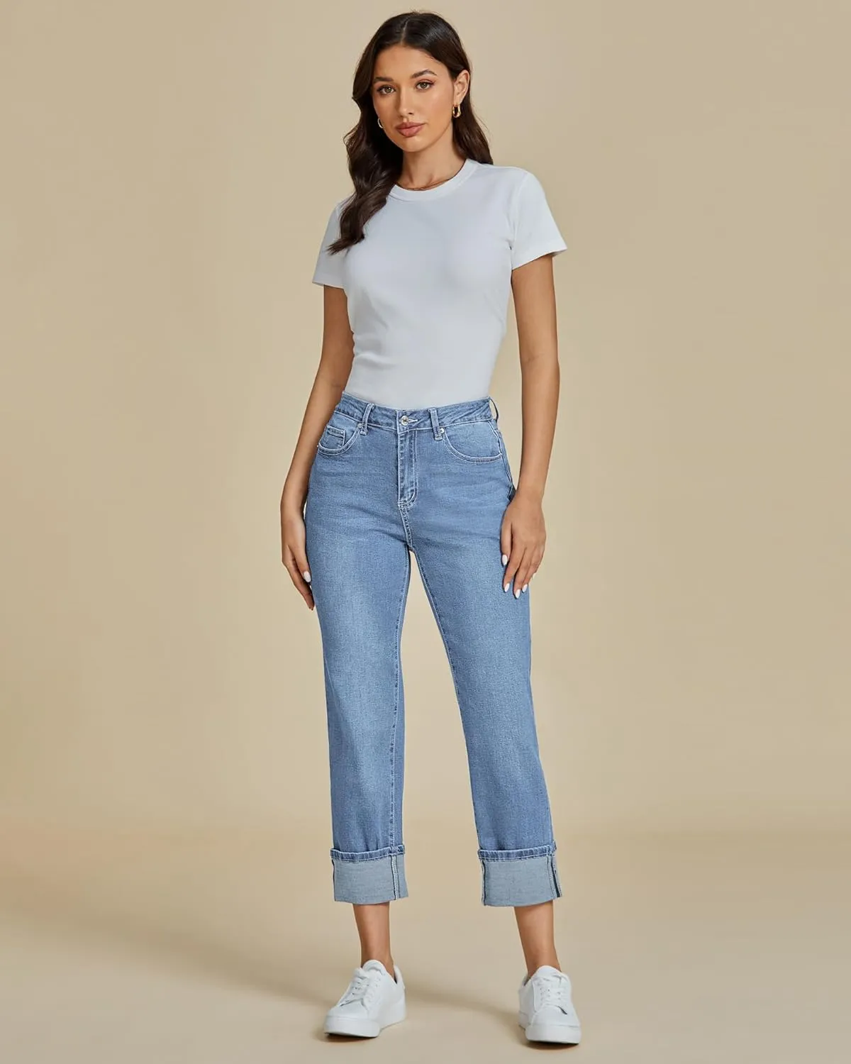 luvamia Straight Leg Jeans for Women Trendy Cropped High Waisted Cuffed Hem Stretchy Boyfriend Capri Jeans with Pockets