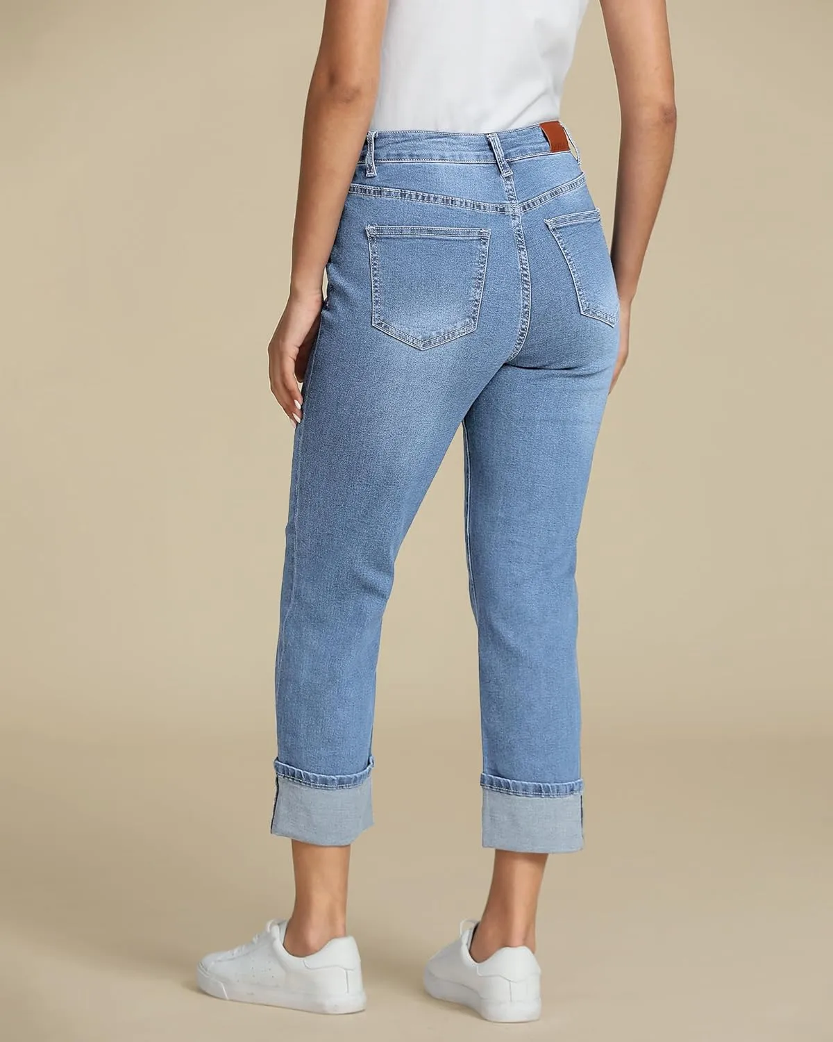 luvamia Straight Leg Jeans for Women Trendy Cropped High Waisted Cuffed Hem Stretchy Boyfriend Capri Jeans with Pockets