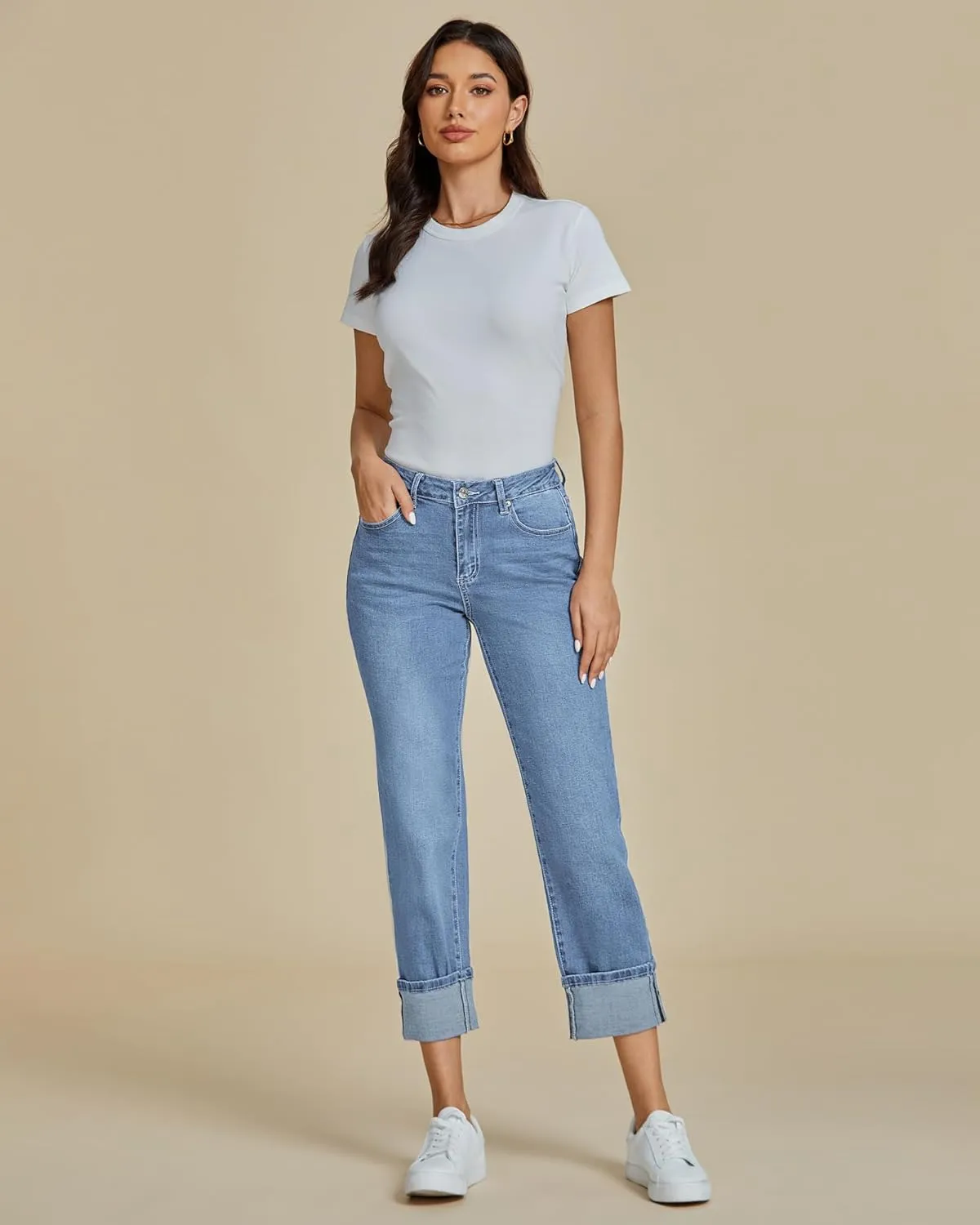 luvamia Straight Leg Jeans for Women Trendy Cropped High Waisted Cuffed Hem Stretchy Boyfriend Capri Jeans with Pockets