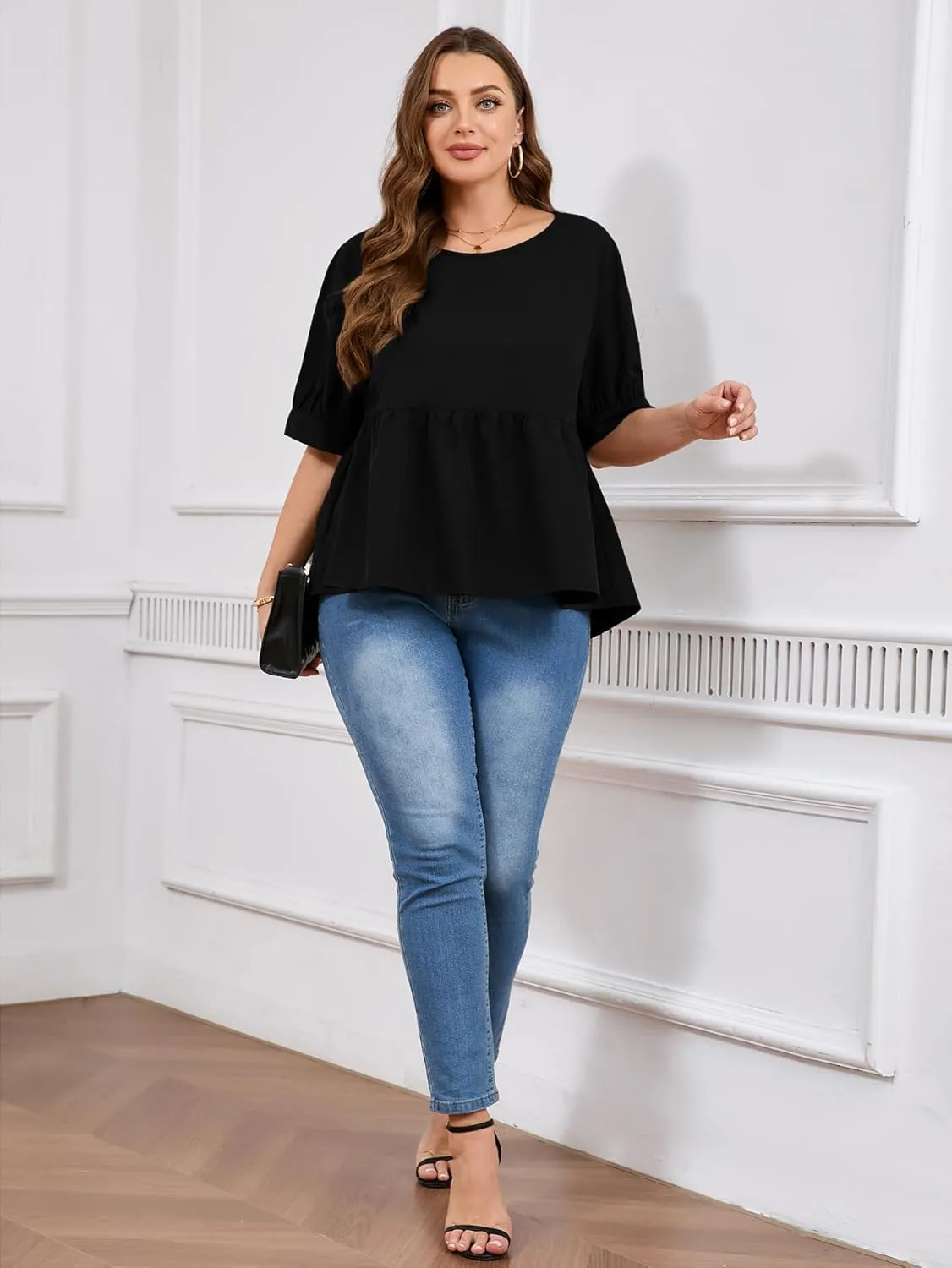 MakeMeChic Women's Plus Size Peplum Tops Short Sleeve Loose Blouse Ruffle Asymmetrical Hem Shirts