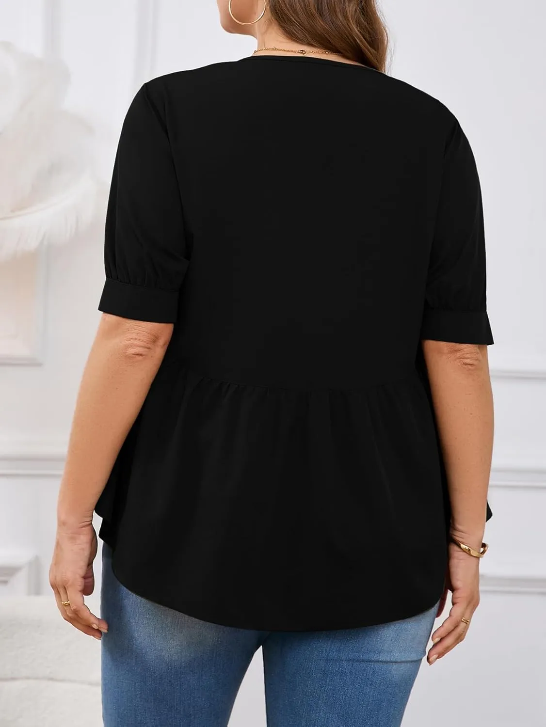 MakeMeChic Women's Plus Size Peplum Tops Short Sleeve Loose Blouse Ruffle Asymmetrical Hem Shirts