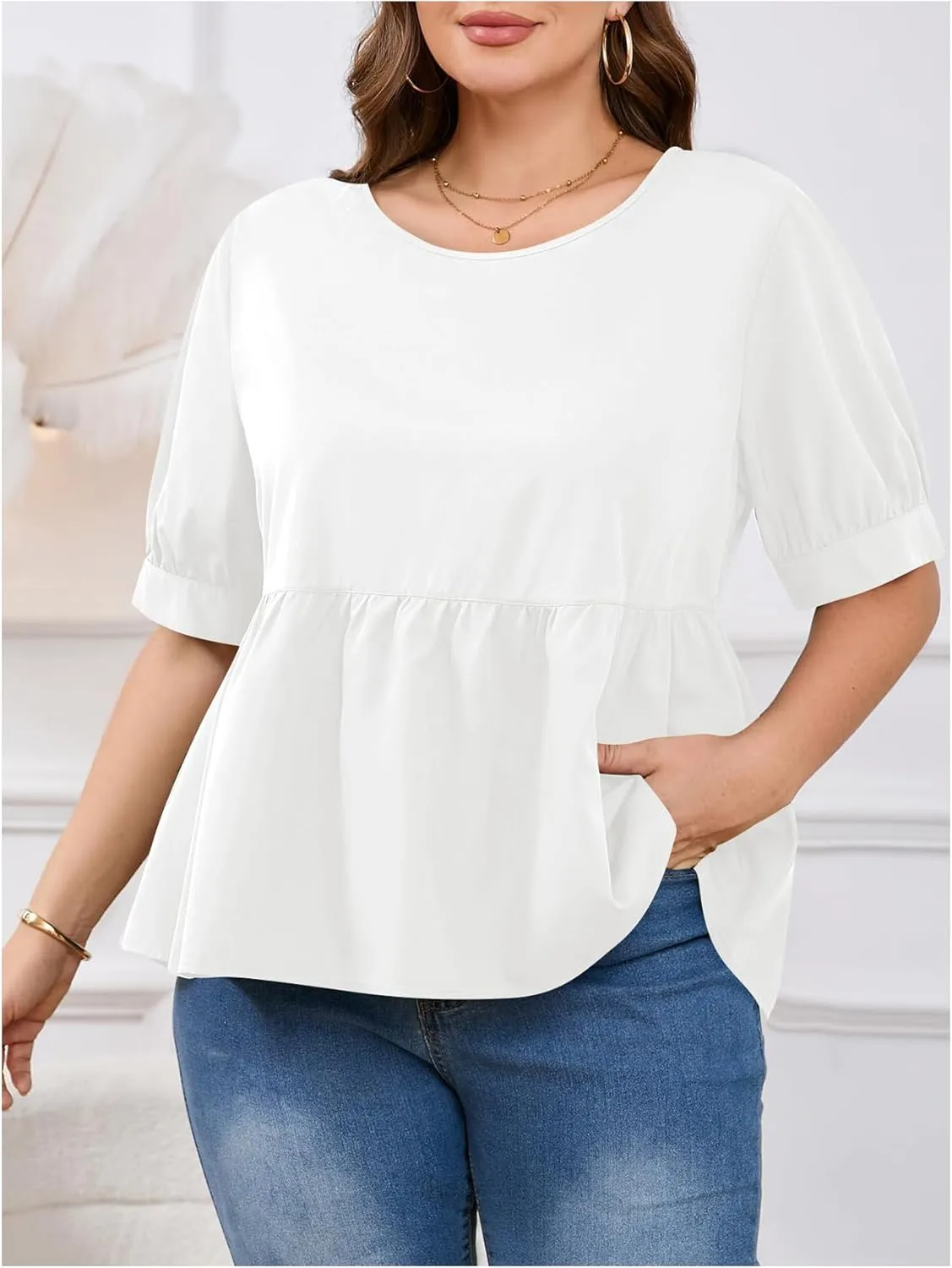MakeMeChic Women's Plus Size Peplum Tops Short Sleeve Loose Blouse Ruffle Asymmetrical Hem Shirts
