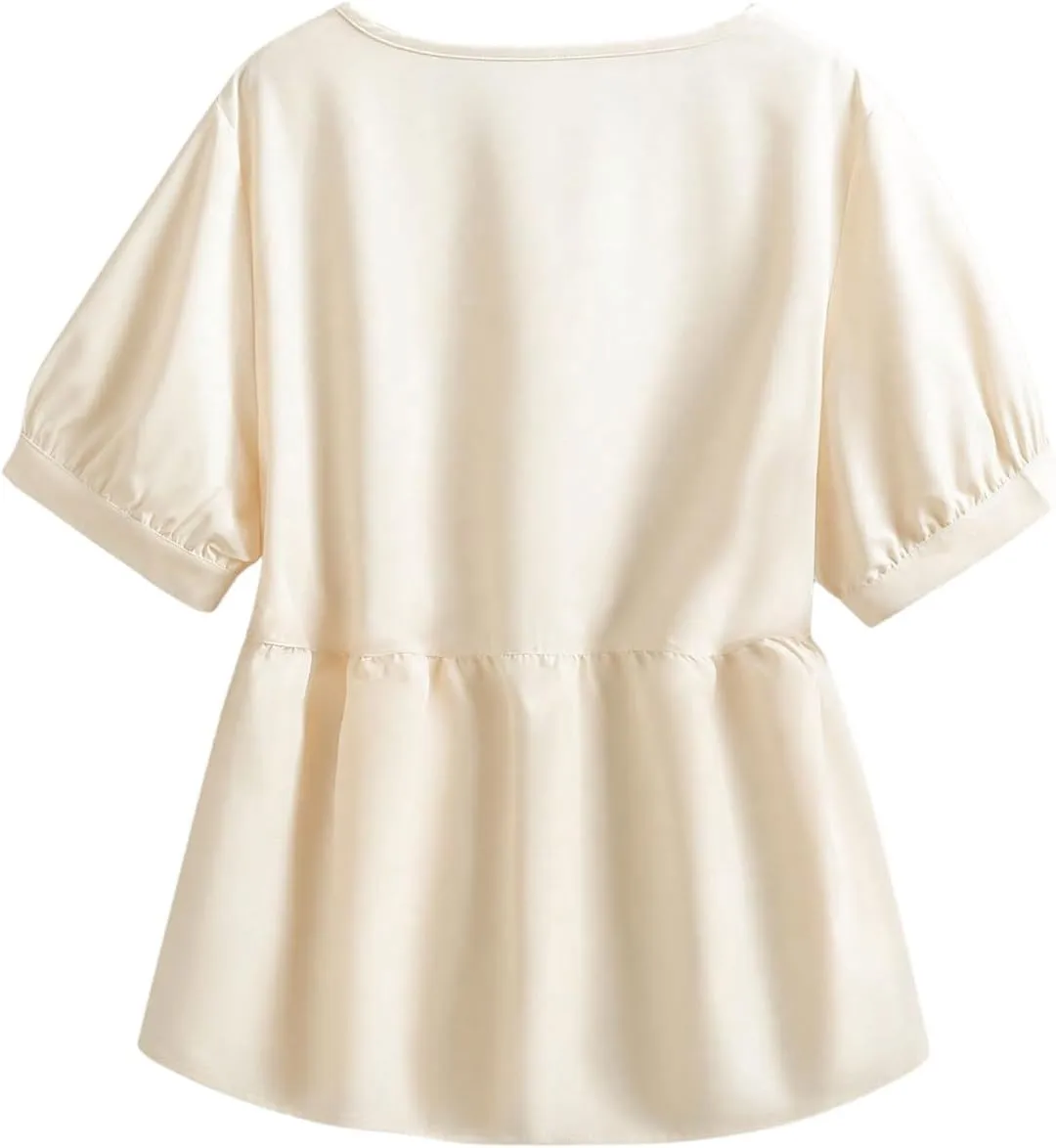 MakeMeChic Women's Plus Size Peplum Tops Short Sleeve Loose Blouse Ruffle Asymmetrical Hem Shirts