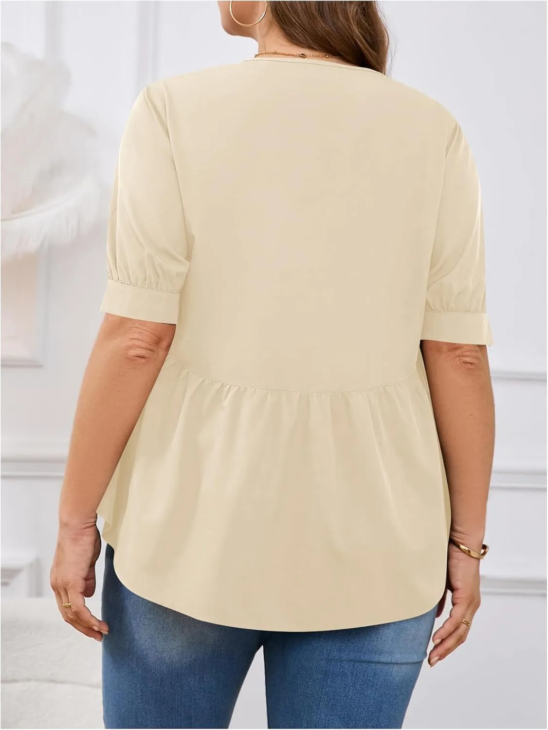MakeMeChic Women's Plus Size Peplum Tops Short Sleeve Loose Blouse Ruffle Asymmetrical Hem Shirts
