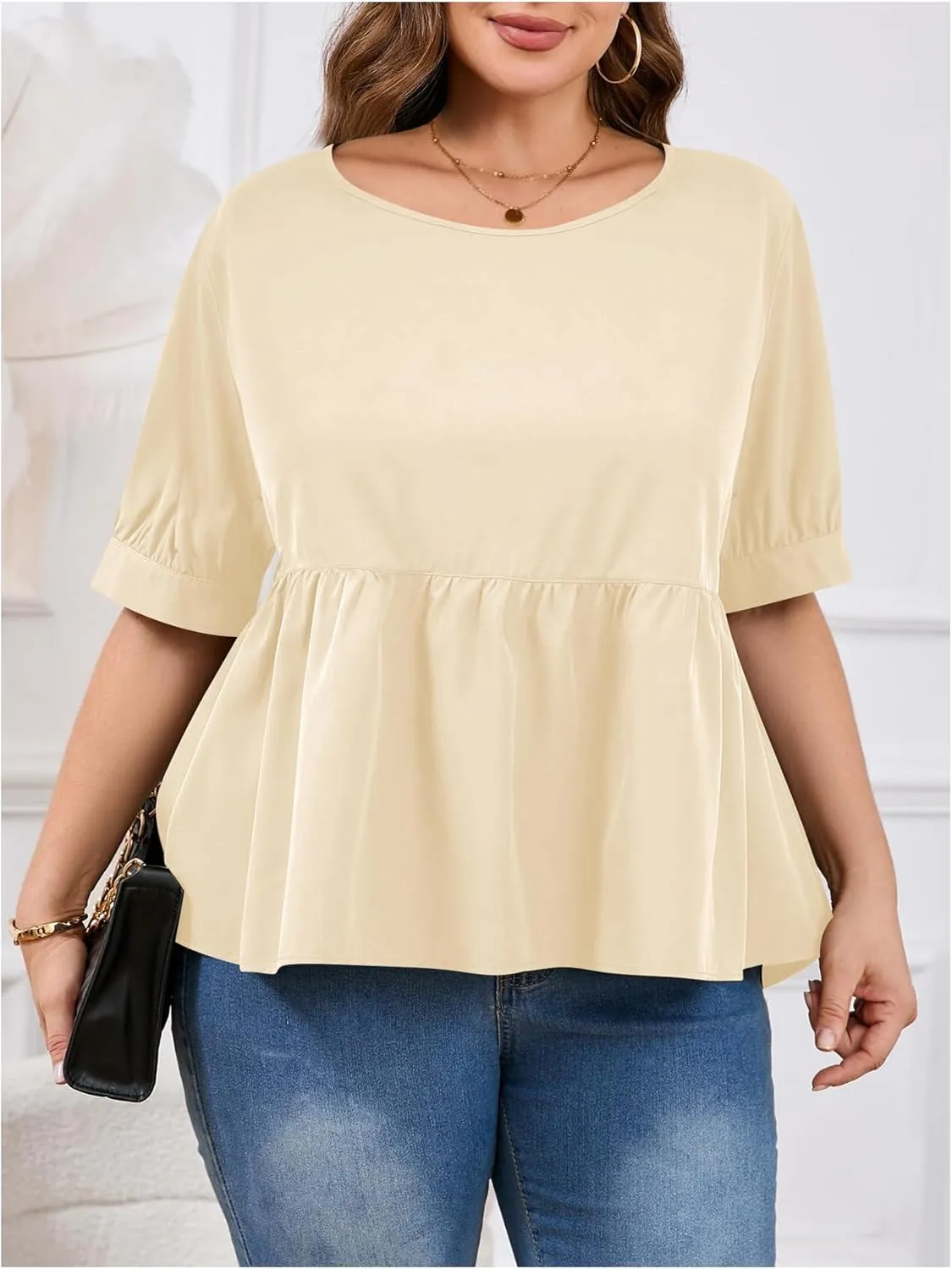 MakeMeChic Women's Plus Size Peplum Tops Short Sleeve Loose Blouse Ruffle Asymmetrical Hem Shirts