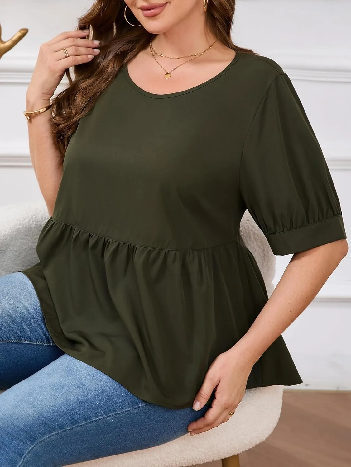 MakeMeChic Women's Plus Size Peplum Tops Short Sleeve Loose Blouse Ruffle Asymmetrical Hem Shirts