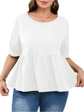 MakeMeChic Women's Plus Size Peplum Tops Short Sleeve Loose Blouse Ruffle Asymmetrical Hem Shirts