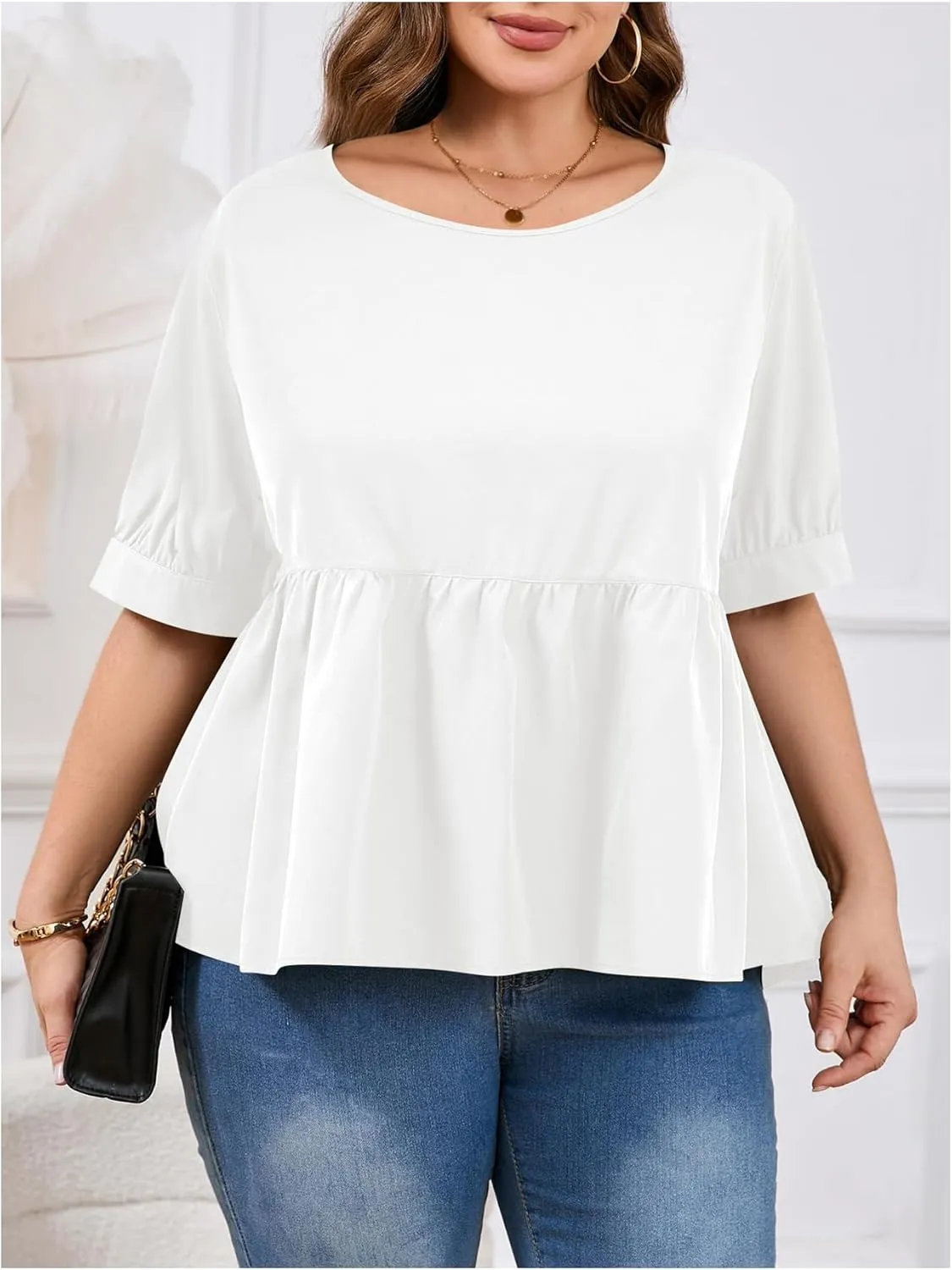 MakeMeChic Women's Plus Size Peplum Tops Short Sleeve Loose Blouse Ruffle Asymmetrical Hem Shirts