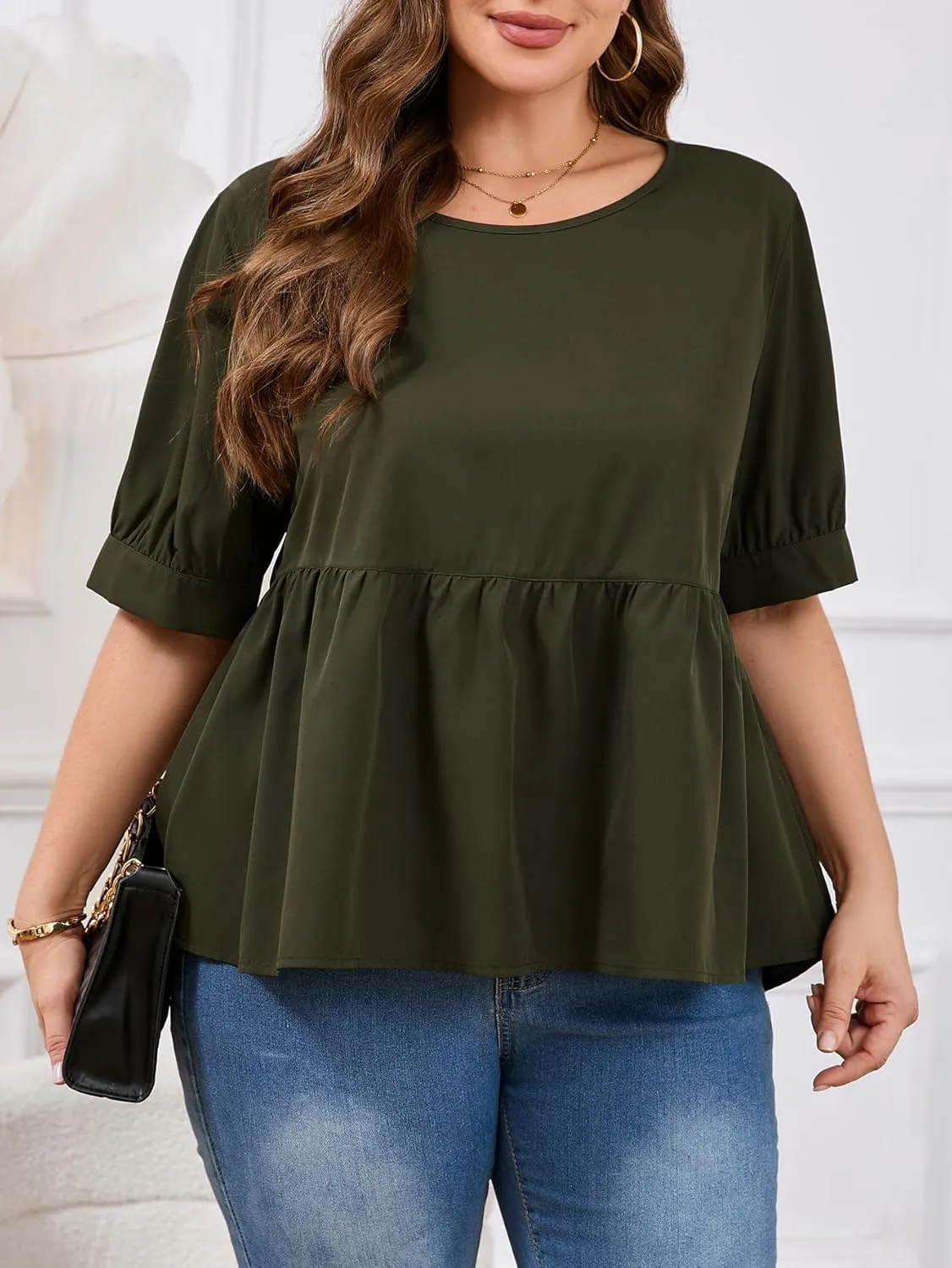 MakeMeChic Women's Plus Size Peplum Tops Short Sleeve Loose Blouse Ruffle Asymmetrical Hem Shirts